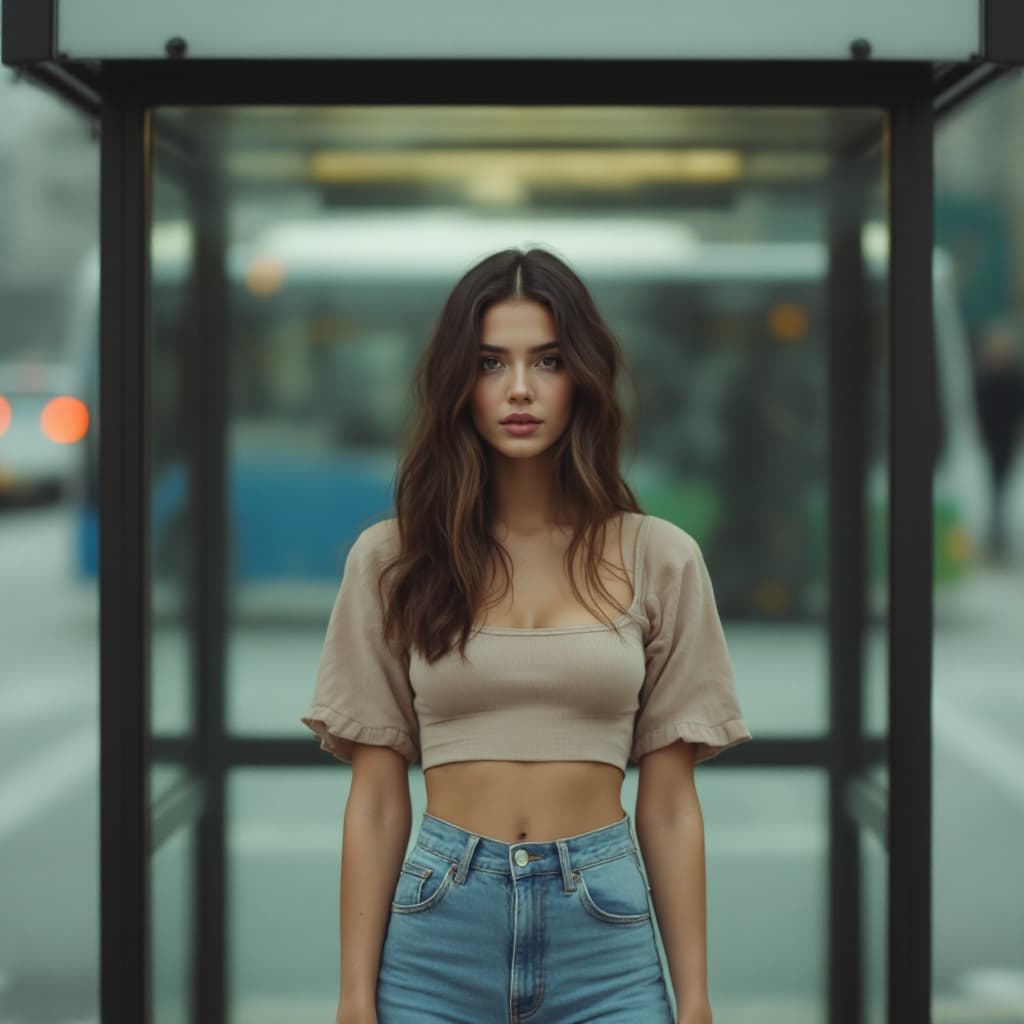 AI generated: a woman wearing a cropped top and jeans standing in front of the bus stop, in the style of Oleg Opri...