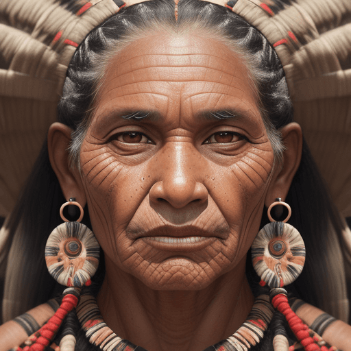 AI generated: close-up portrait man ((Amazonian aboriginal)) looking straight ahead, leaning forward, definition o...