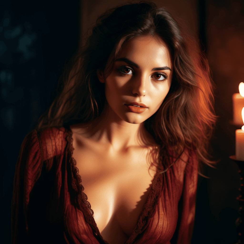 AI generated: A photograph captures a moment of allure and intimacy. A woman stands with her long tousled brunette...