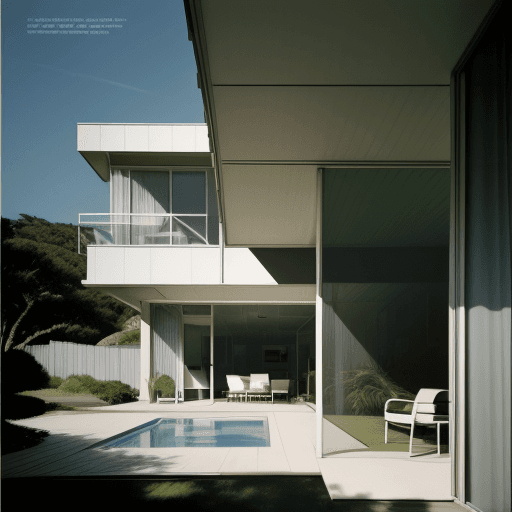 AI generated: Hyper realistic eye level exterior photo of a mid century modern style house overlooking the ocean, ...