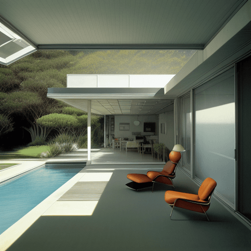 AI generated: Hyper realistic eye level exterior photo of a mid century modern style house overlooking the ocean, ...