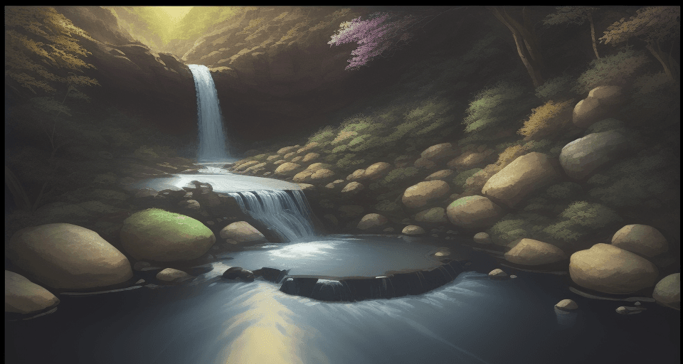 AI generated: Illustration of A serene mountain stream or waterfall. L-cut, Diamond pattern background, Chibi, Gou...