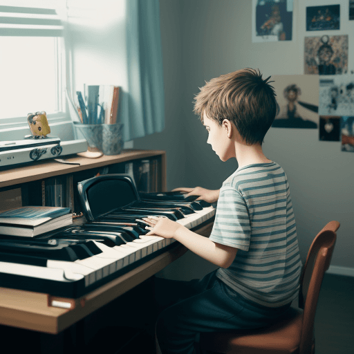 AI generated: A young boy is in his room, remixing songs on his computer on his electronic piano. The name of the ...