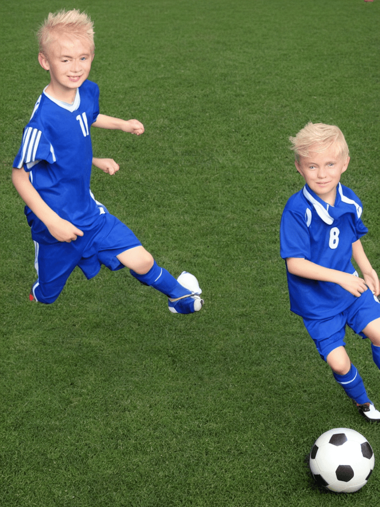 AI generated: young boy, blonde hair, blue eyes, soccer shoes, playing soccer, pixar style