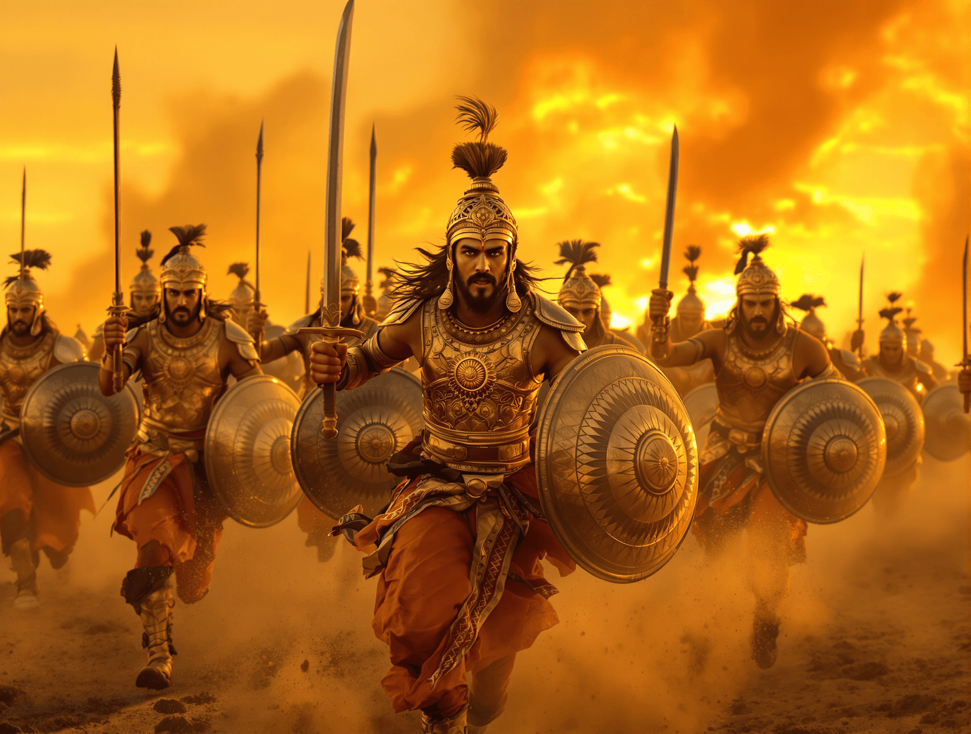 AI generated: Dynamic 3/4th wide cinematic shot of Ancient Indian warriors charging on the battlefield of Kurukshe...