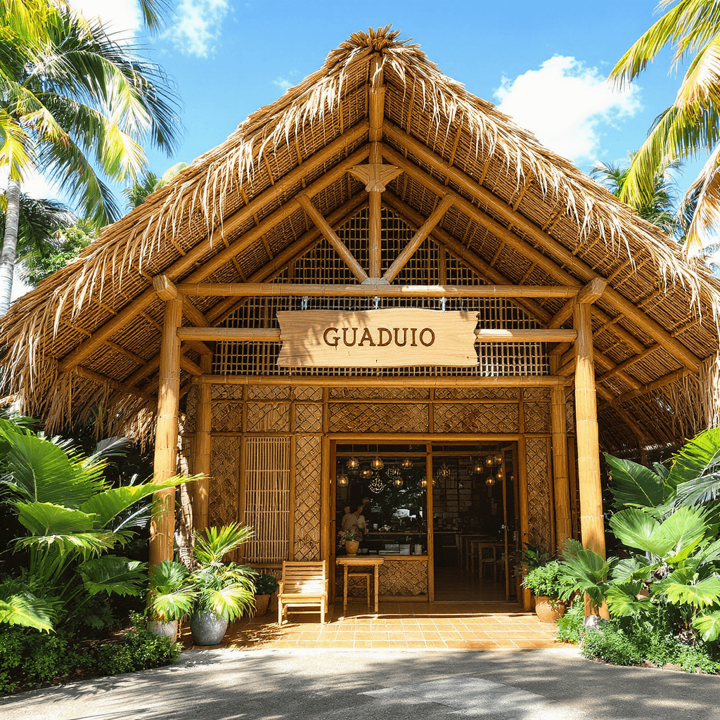 AI generated: Design of a guadua (bamboo) commercial space, 7 meters wide by 17 meters deep. The façade features a...