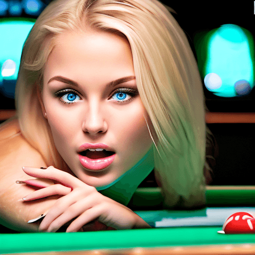 AI generated: High resolution photo of a gorgeous 21 year old blonde woman in a pool hall facing the camera with a...