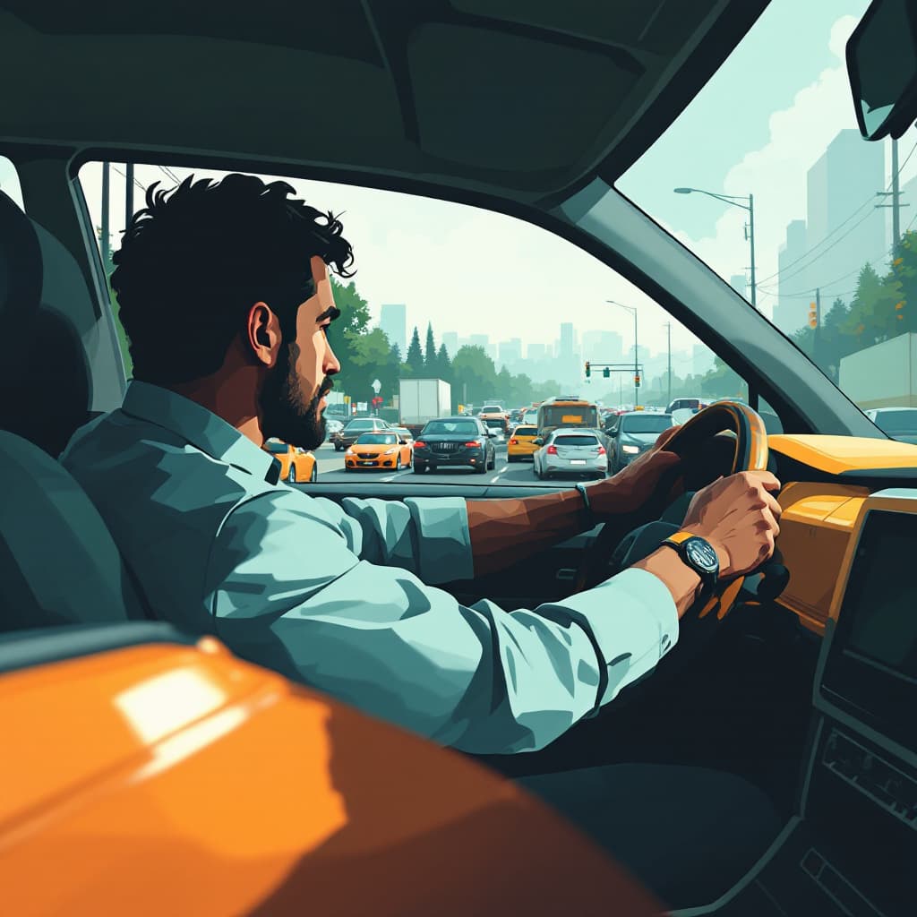 AI generated: realistic man driving his car stuck in traffic