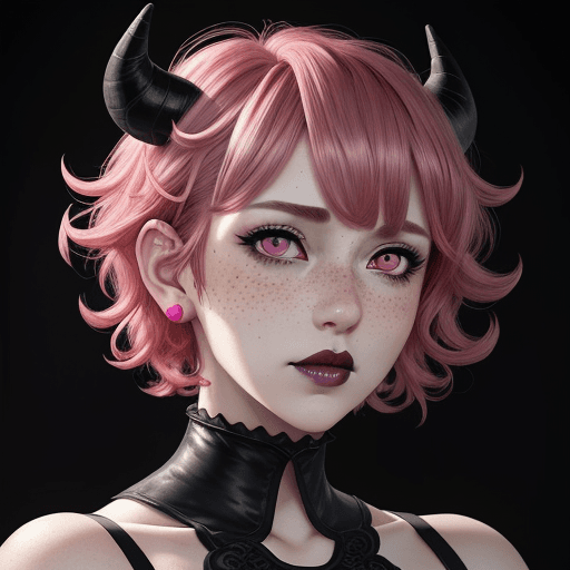 AI generated: anime style, Handsome woman with pink medium short curly hair, freckles, revealing her big deep pink...