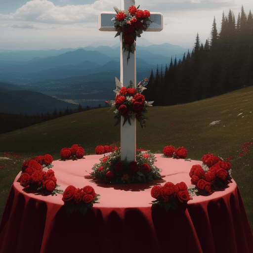 AI generated: May Cross, filled with red roses with a flower crown on the cross located on top of a table at the t...