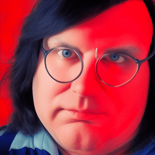 AI generated: Javier Milei, 55 years old, fat, double chin, long long hair, as superhero, red background saturated...