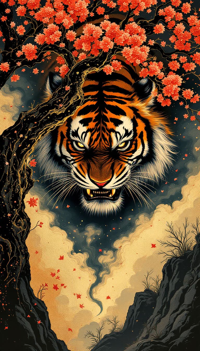 AI generated: (((Gold leaf art))), black gold-rimmed cherry tree falling from the sky, large angry tiger with frig...
