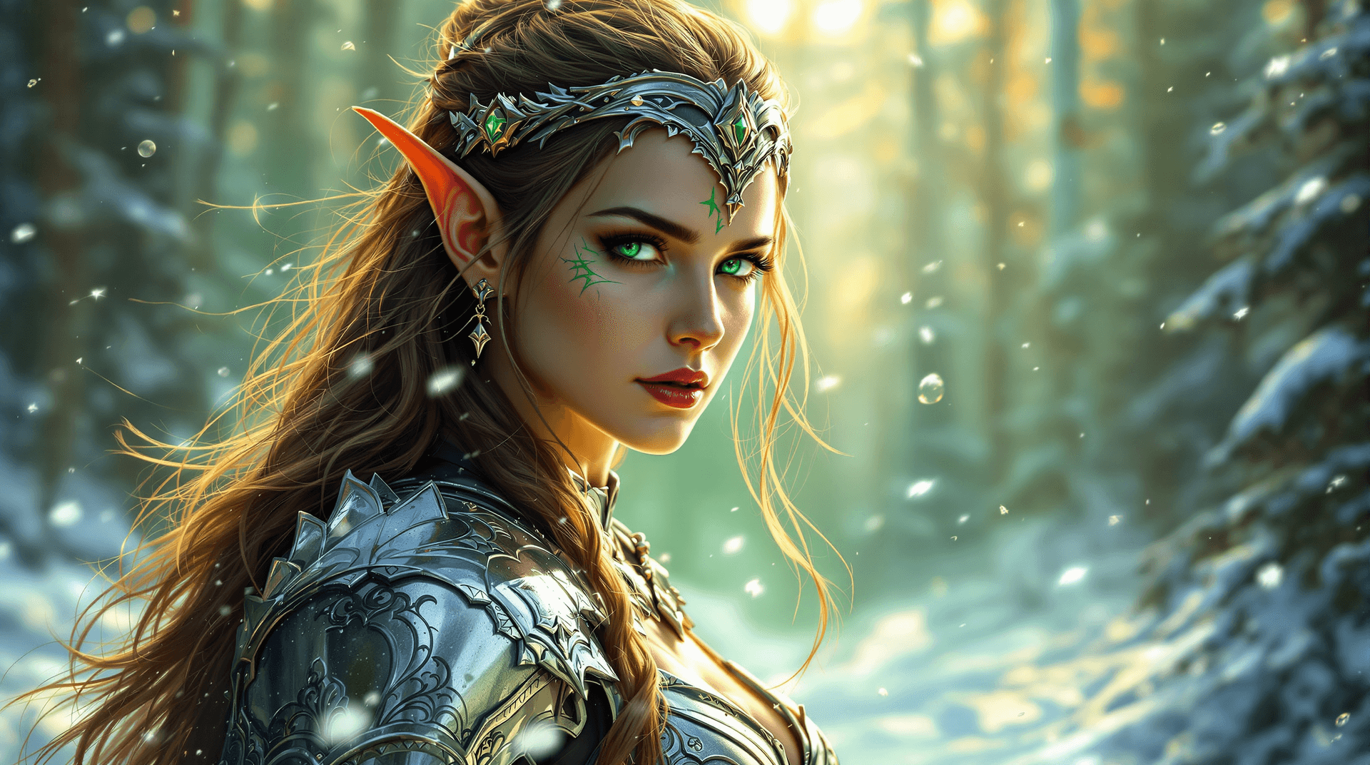 AI generated: An elven warrior queen in silver armor, fantasy art, backlit by a magical forest glow, mystical and ...