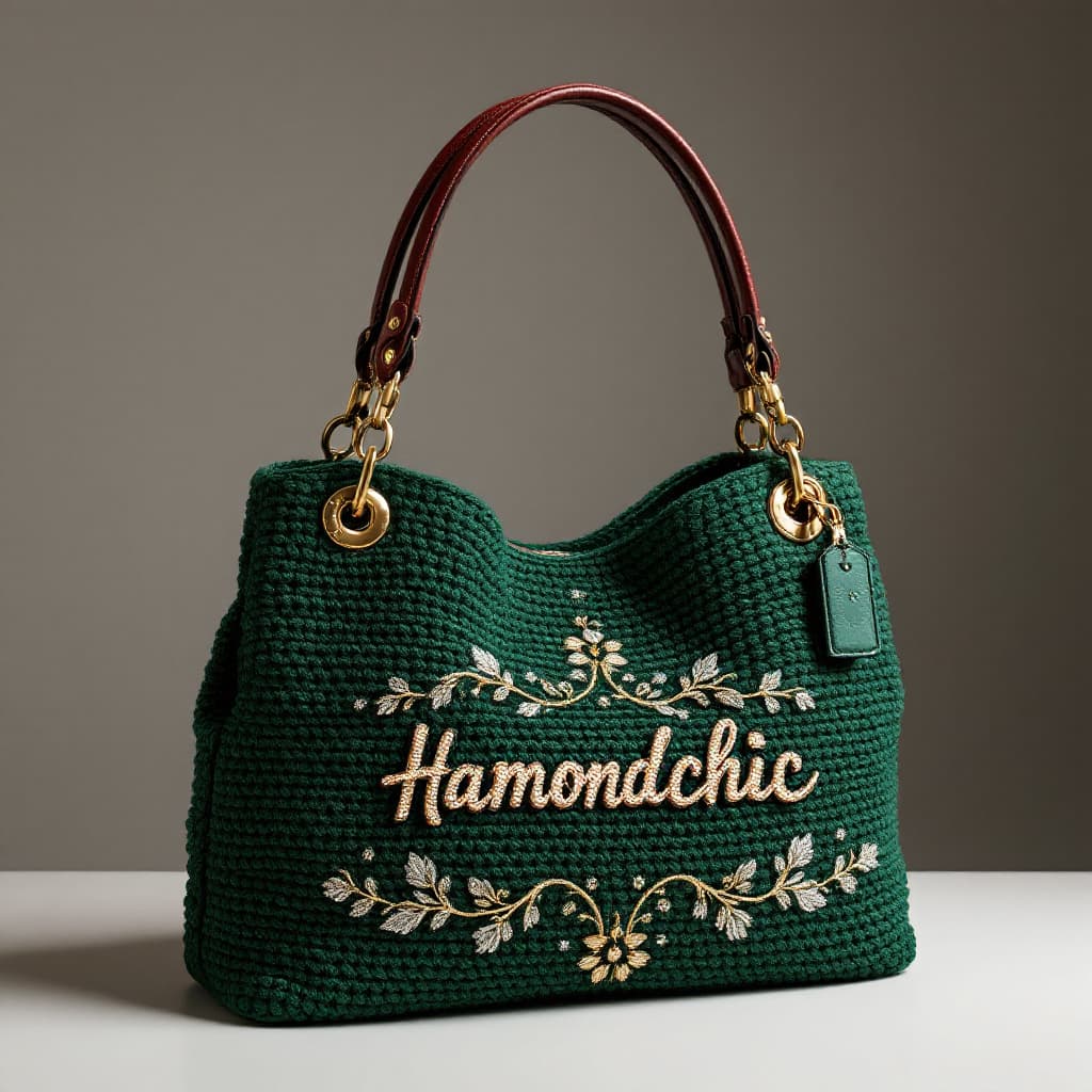 AI generated: Hyper realistic eye level exterior phUn sac au crochet élégant et raffiné, de couleur vert profond, ...
