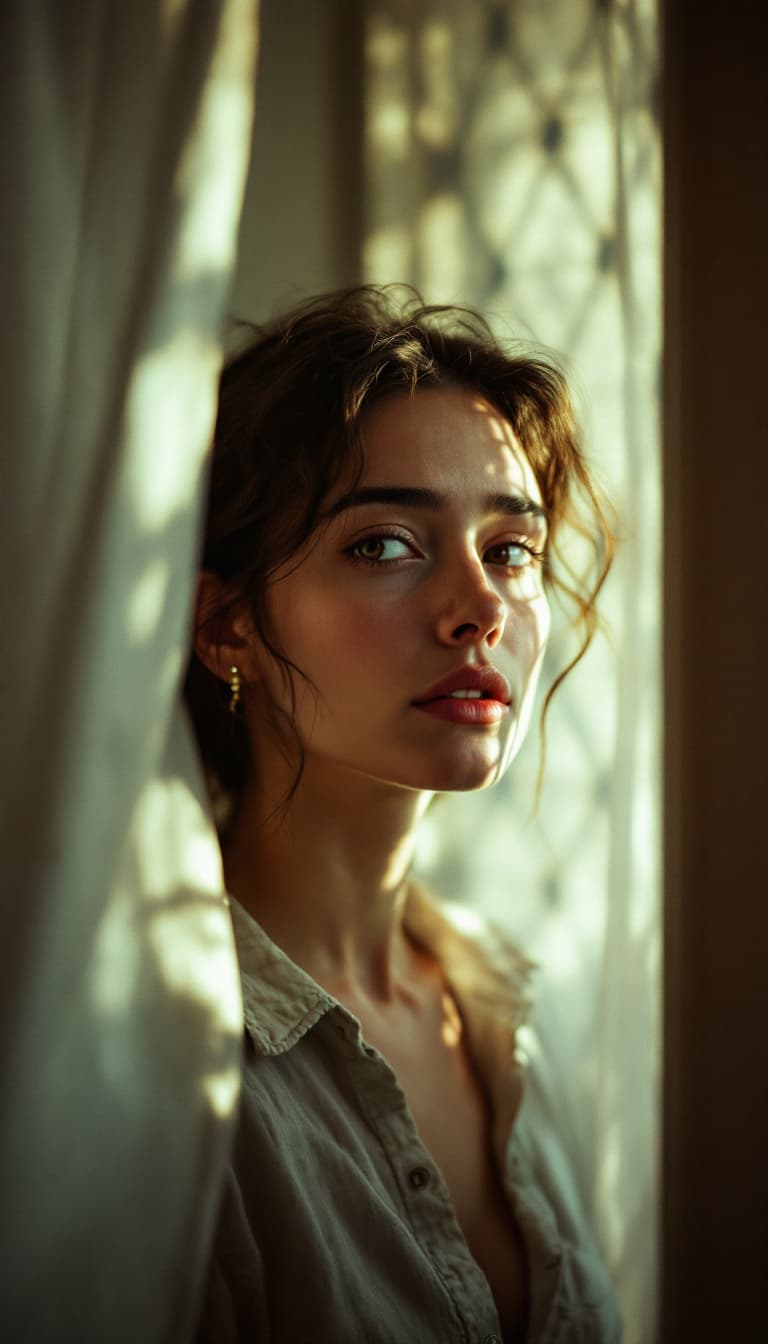 AI generated: long shot portrait of a woman, her face lit by the soft glow from outside the window, her eyes refle...