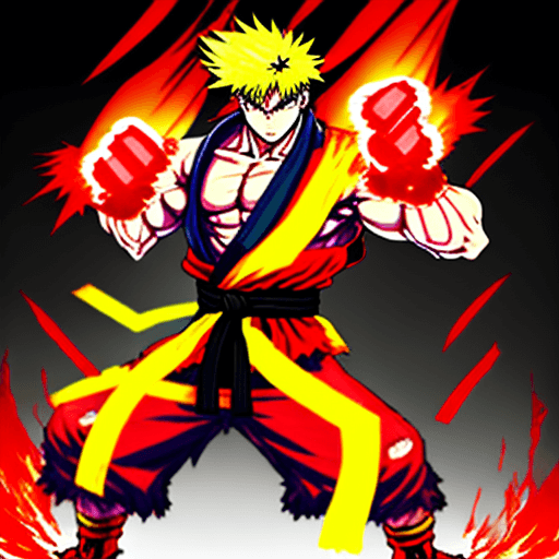 AI generated: Street fighter: Ken fighting at war, blond hair, red karate kimono, injured and dirty, ripped clothe...
