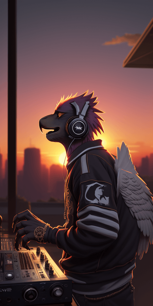 AI generated: (nvinkpunk:1.2) (snthwve style:0.8) DJ eagle, headphone, anthro, lightwave, sunset, intricate, highl...