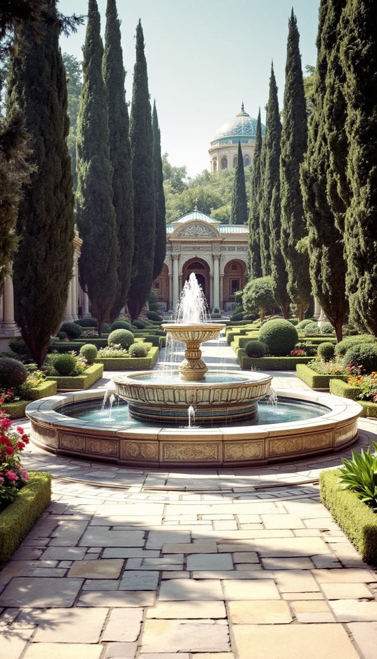 AI generated: A beautiful and historical Persian garden in the 1950s to 1970s, reflecting the elegance of the Pahl...