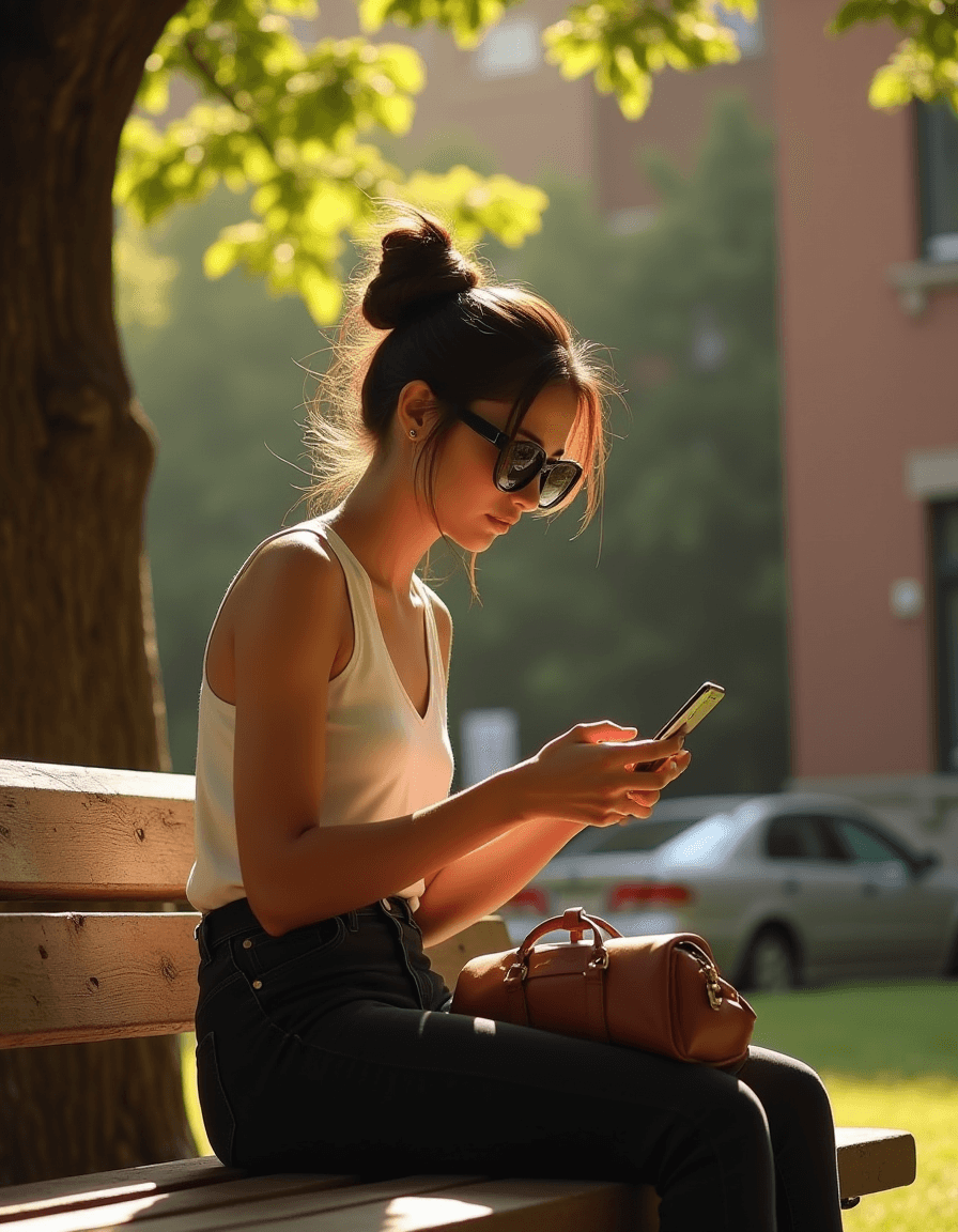 AI generated: A young woman with olive skin and dark hair tied in a bun sits on a wooden bench in a sunlit park. S...