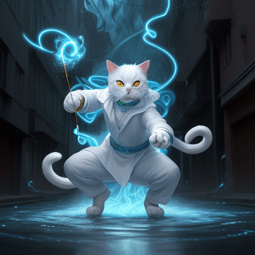 AI generated: an anthropomorphic cat wearing white linen is depicted in an action pose, swirling water with an arr...