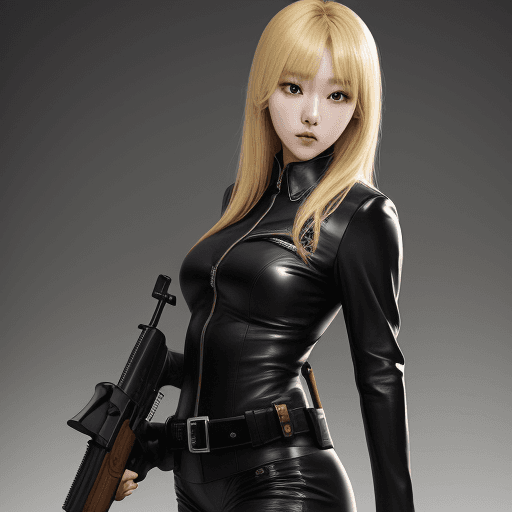 AI generated: High resolution kang ji young blonde hair in leather suit holding a rifle 
