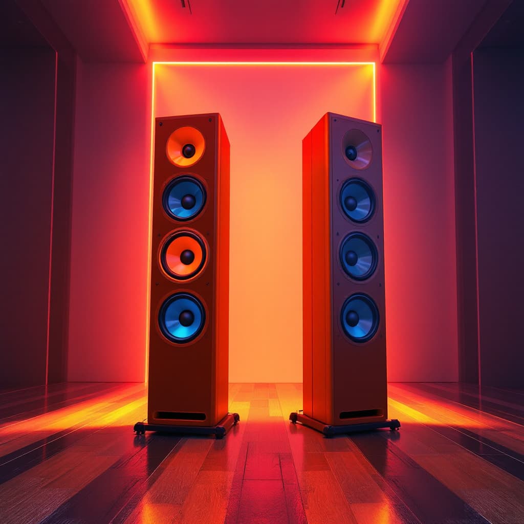 AI generated: a room with tall music speaker towers with neon vivid woofer colors back to back standing in the cen...