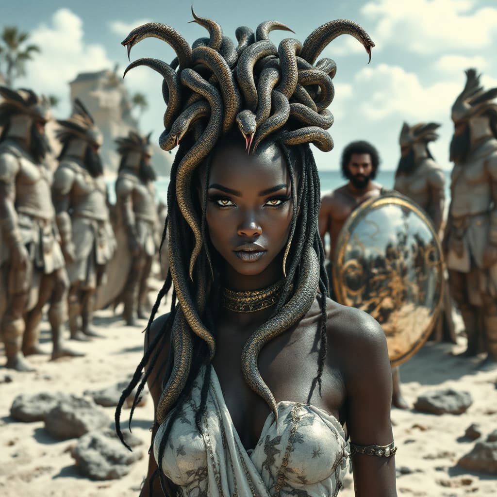 AI generated: A photorealistic portrait of an stunningly beautiful African warrior  medusa woman, instead of hair ...