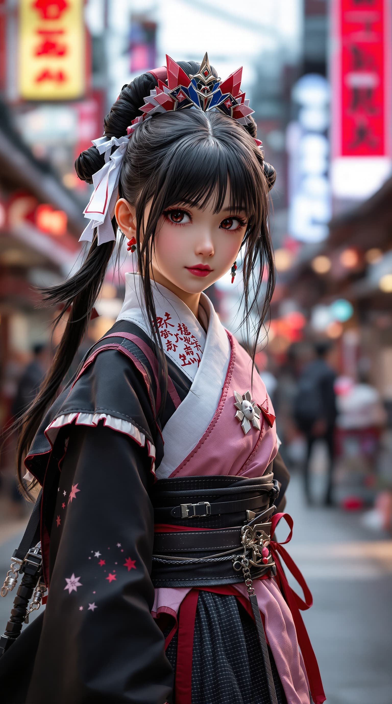 AI generated: A hyper-realistic depiction of a beautiful seven year old cosplayer, Japanese girl dressed as Nezuko...
