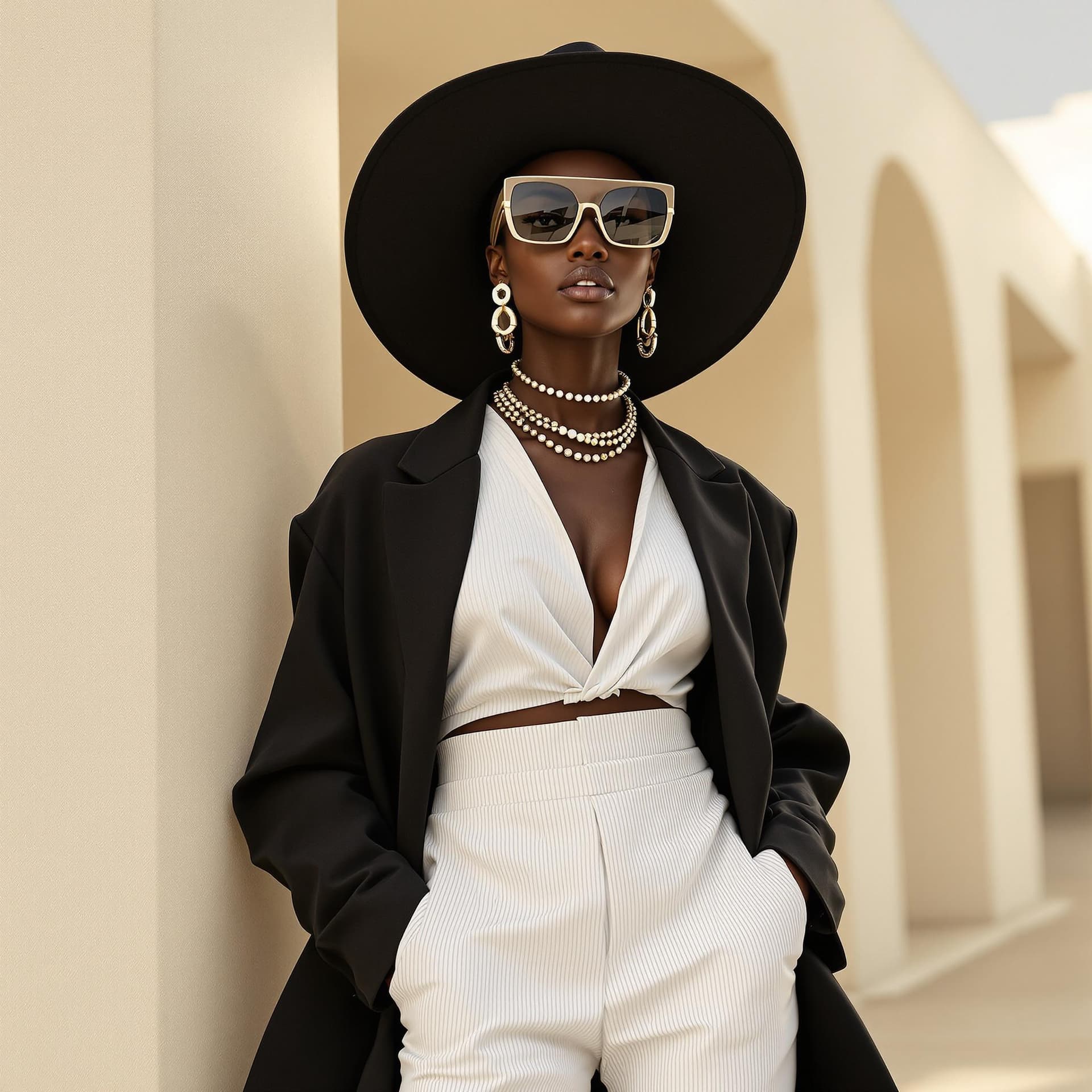 AI generated: Fashion-forward image of a modern Fulani woman styled as a high-fashion model wearing minimalist, co...