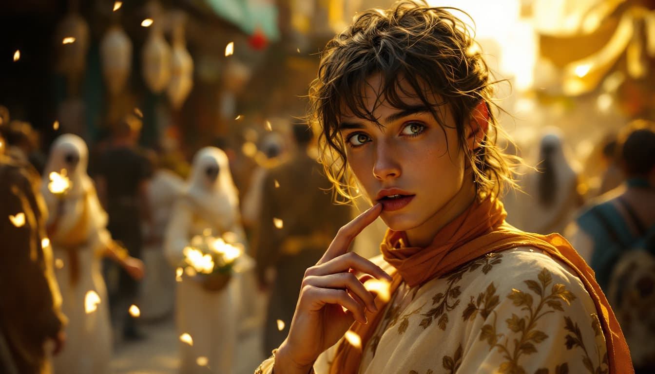 AI generated: hyper realistic Shot Shot: The Young Dreamer presses a hand to their mouth, eyes wide, as merchants ...