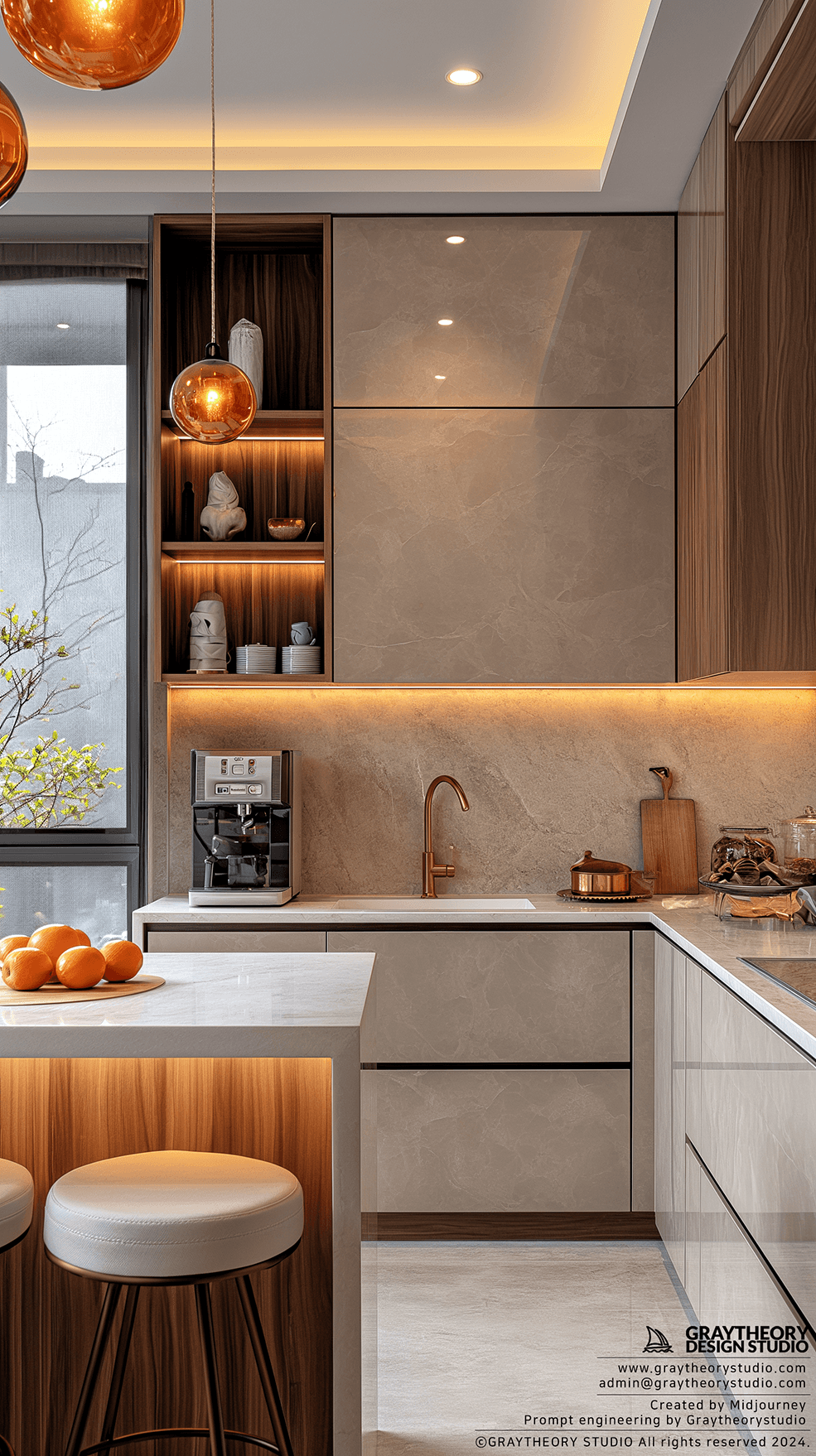 AI generated: modern kitchen, sleek eggshell light beige finishes, with a beige and wood, white marble, EF 24mm f/...
