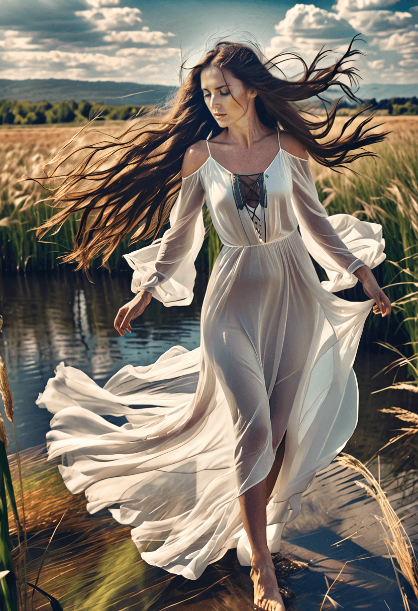 AI generated: HDR photo of woman posing in a field of reeds, long brunette hair blowing in the wind, sheer form fi...