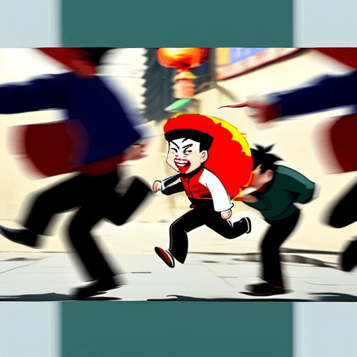 AI generated: A Chinese madman is chasing people on the street in China , cartoon, people are escaping, 8k
