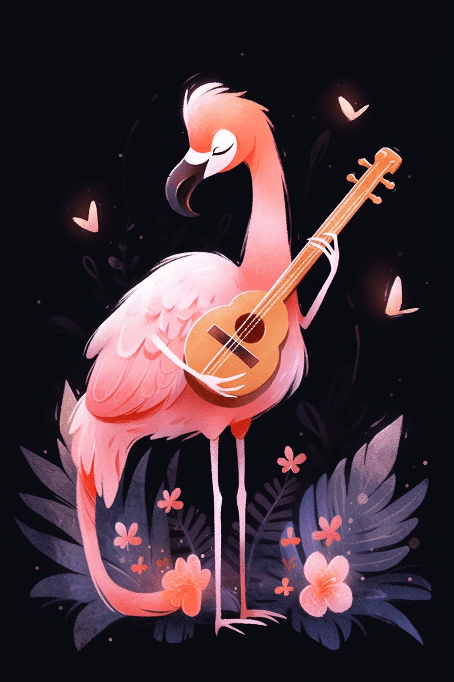 AI generated: Friendly playful light pink flamingo playing a ukulele, with fluffy feathers and long elegant neck, ...