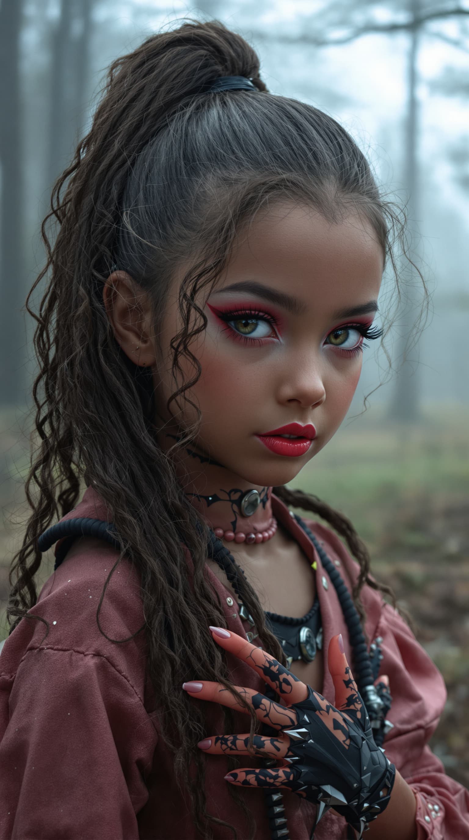 AI generated: A professional photograph of an extraordinarily beautiful seven-year-old girl with an evil aura, cap...