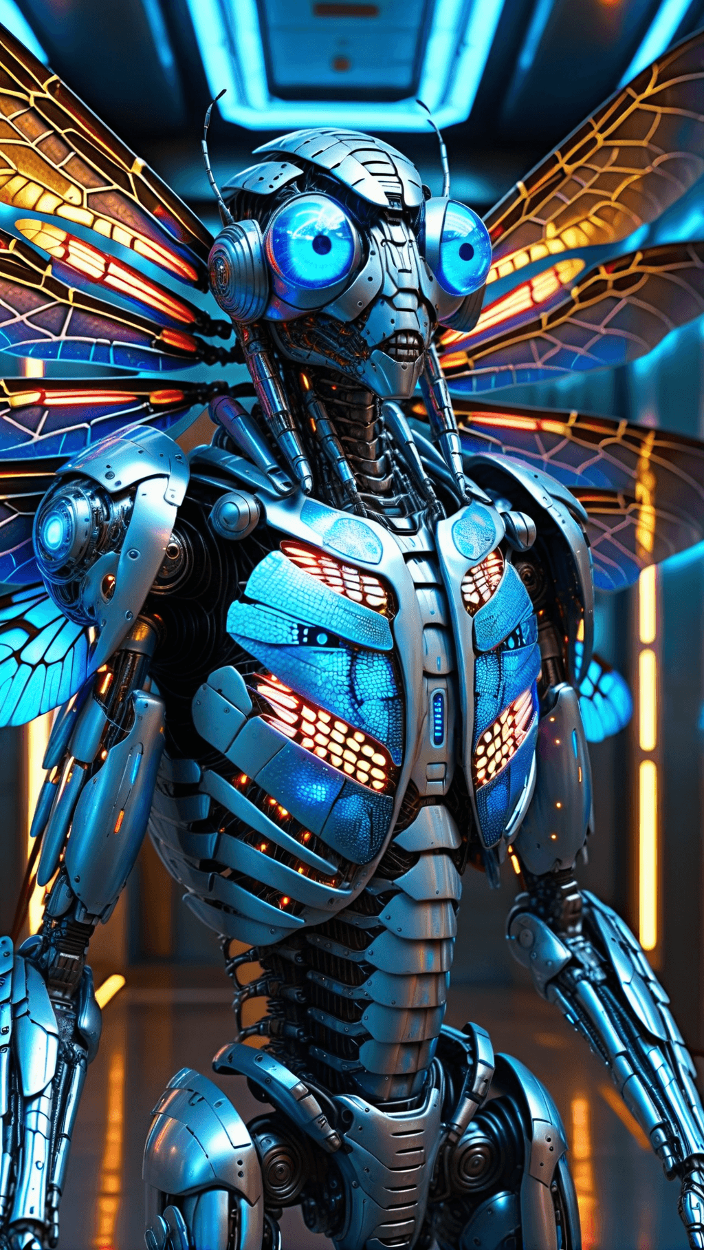 AI generated: Ultra-detailed cyborg in a spaceship (blue eyes), with anthropomorphic cybernetic elements on metal ...