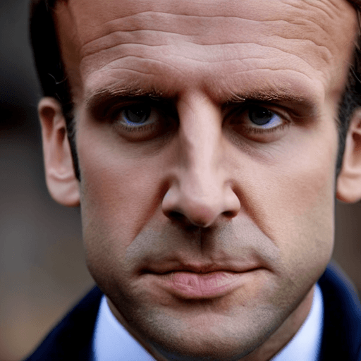 AI generated: photograph close up portrait Emmanuel Macron tough decorated general, CLEAN SHAVEN, serious, stoic c...