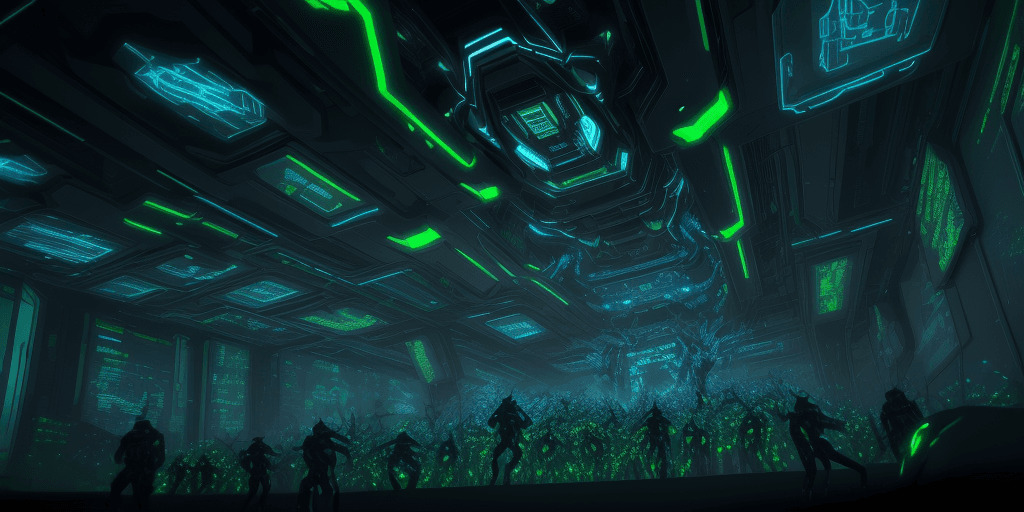 AI generated: Midrange photo of glowing swarm of technological insects, cool, cyberpunk, blue and green colors, wi...