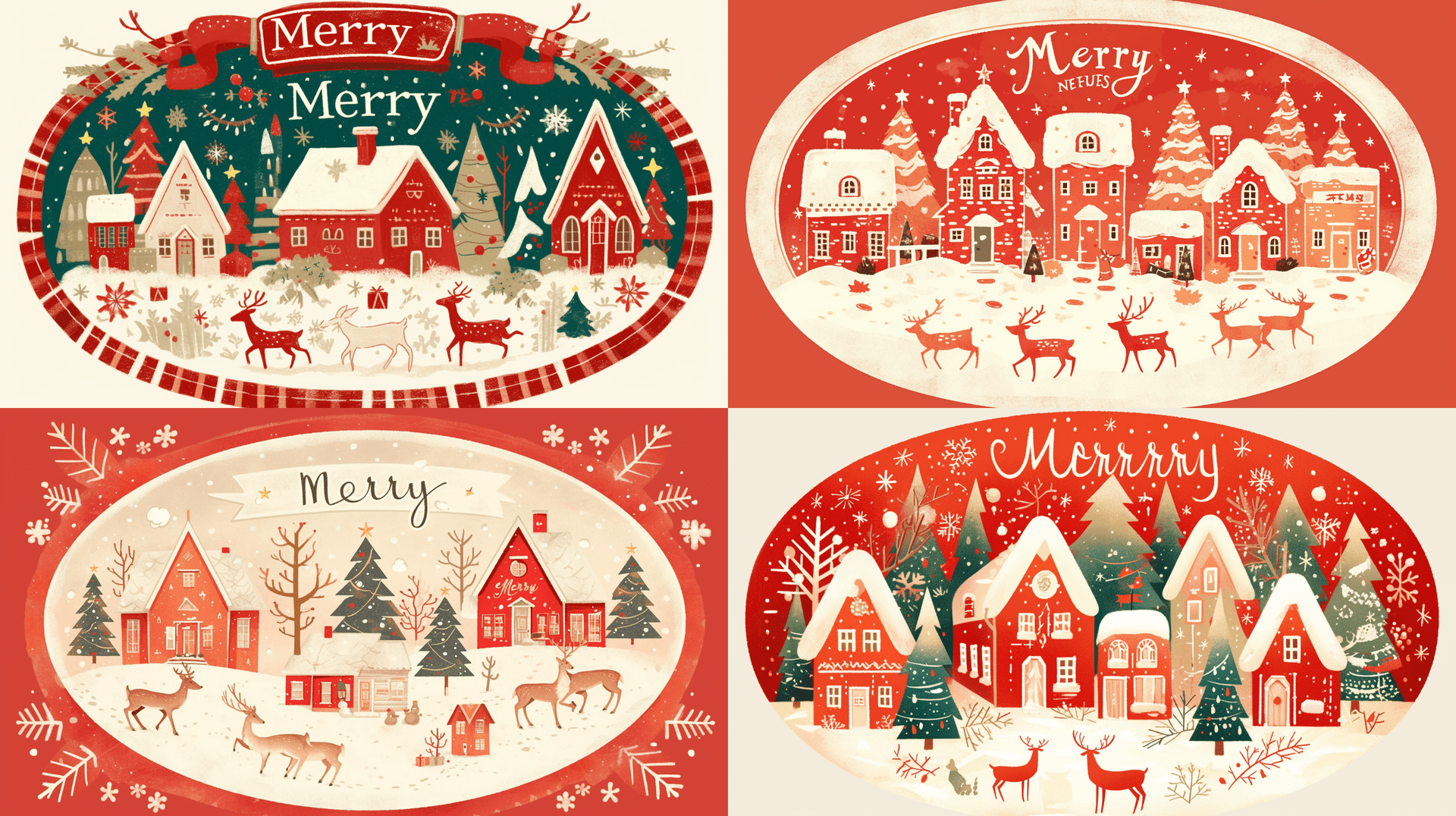 AI generated: A large oval illustration with white snowflakes and Christmas houses printed on it, the word "Merry"...