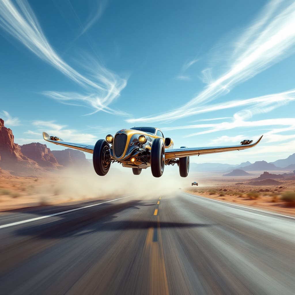 AI generated: futuristic retro-style flying car race in desert landscape, 1930s hot rod design with modern aerodyn...