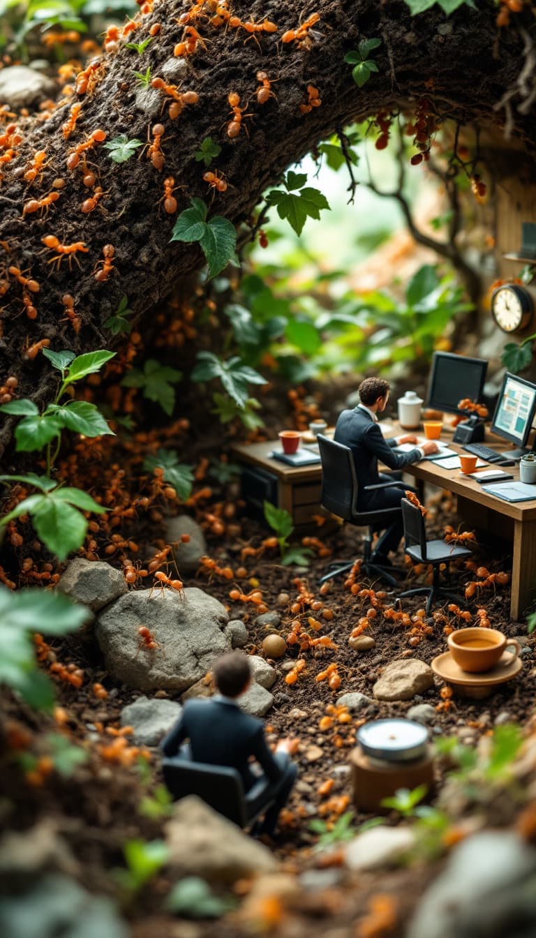 AI generated: A bustling anthill transformed into a modern office, with ants dressed in suits and ties, typing on ...