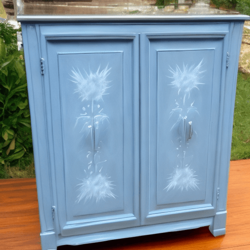 AI generated: AIR BRUSH PAINTING A KITCHEN CABINET, THE PAINT LOOKS BLUE IN THE AIR.