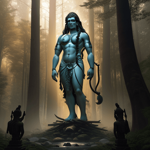 AI generated: Photo of a ultra realistic larger than life Lord Shiva Statue standing taller than trees in the mids...