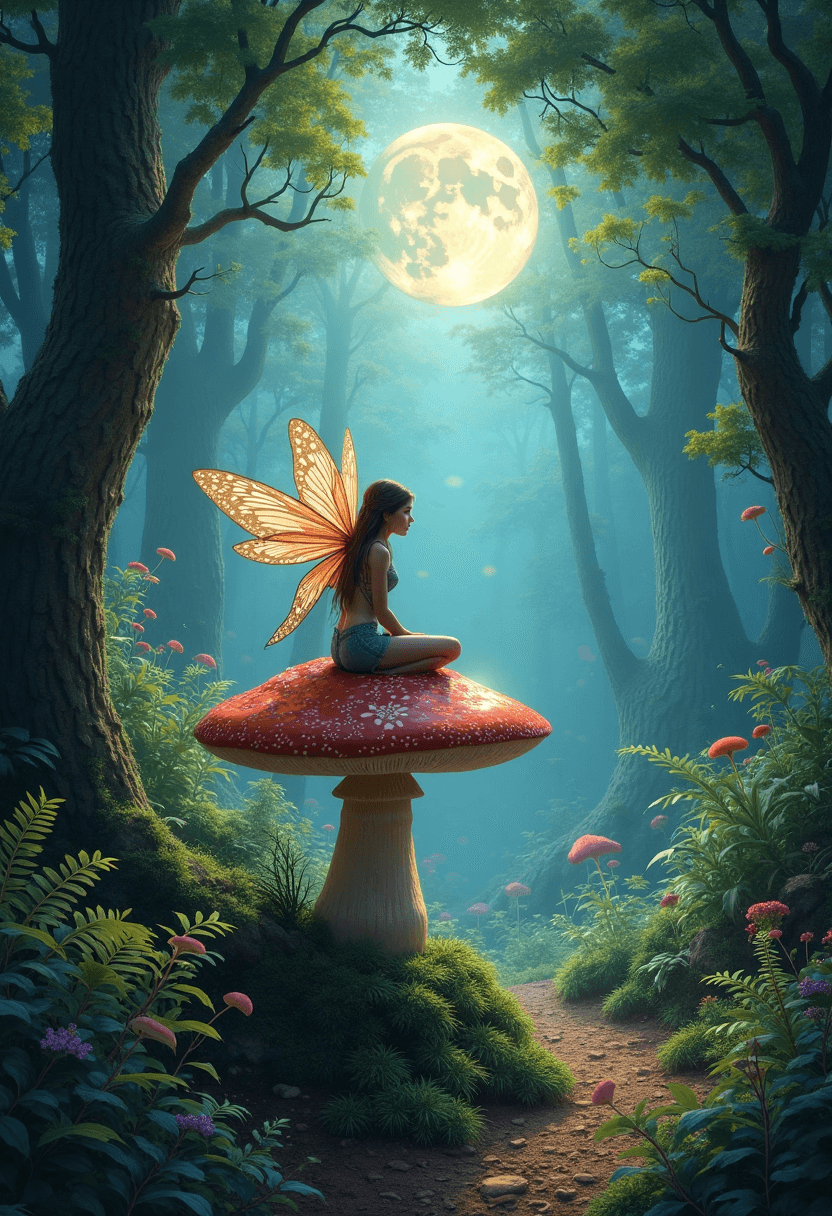 AI generated: A fairy perched on a toadstool in an English garden at mid-day, with a hidden grotto behind. Violets...