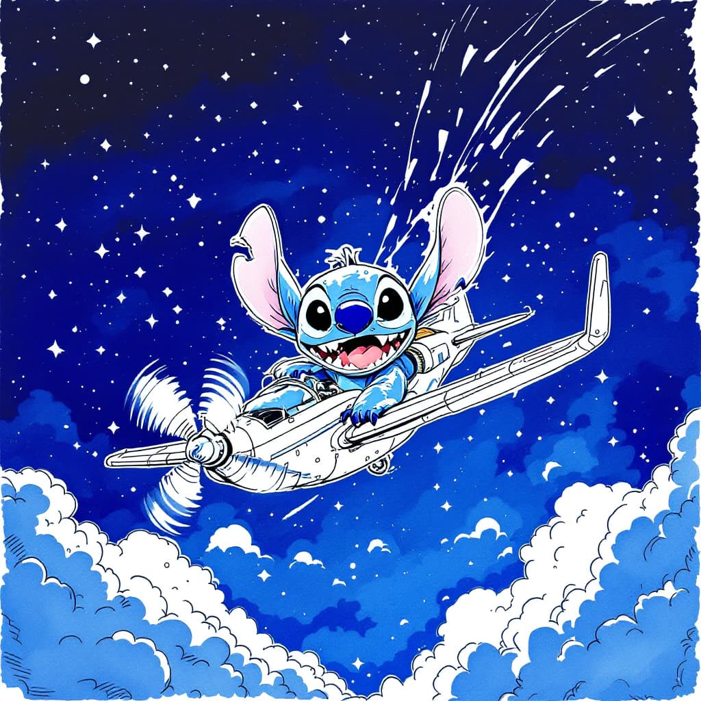 AI generated: Stitch,The action is hilarious,Pen and ink drawings,Fly a plane