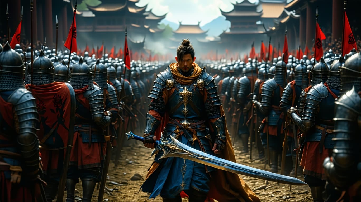 AI generated: ultra realistic. Wide shot of Ario surrounded by enemies, his sword still raised.