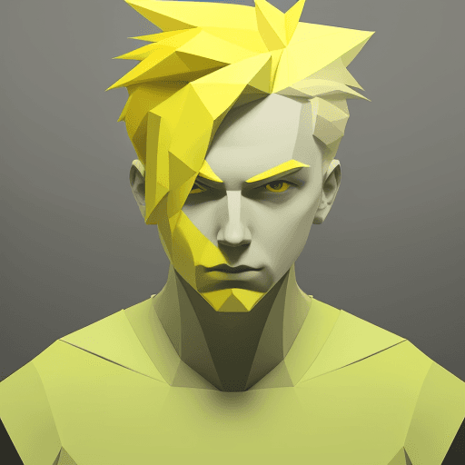 AI generated: minimalist portrait, man, bright yellow hair in a monochromatic green set, low-poly style, simple ge...