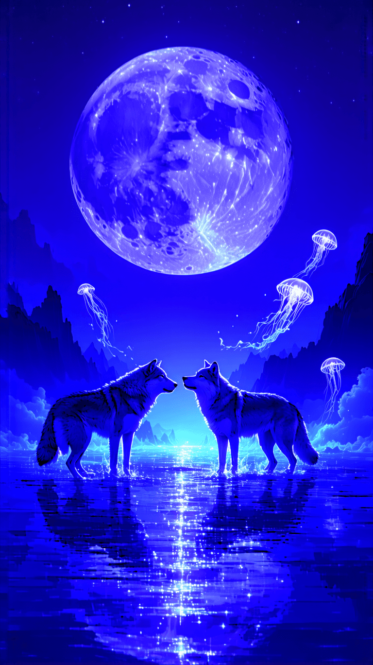 AI generated: Two fluid, ethereal wolves howl at a colossal, melting moon, its silver light dripping into the vast...