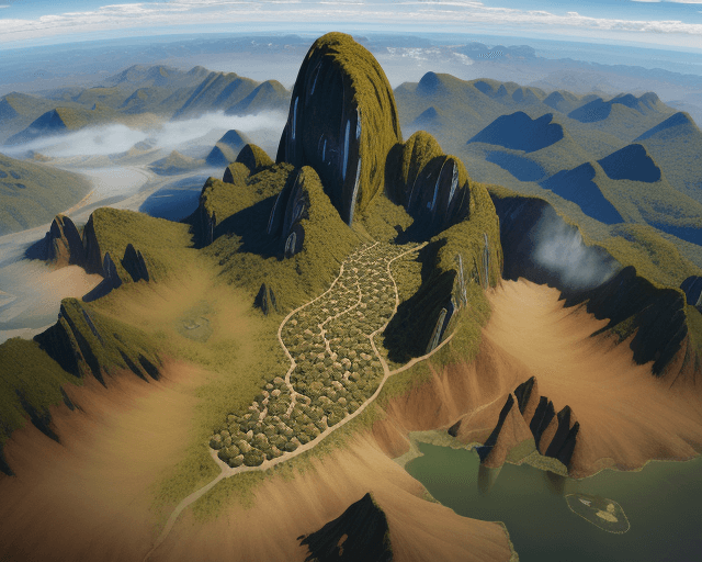 AI generated: hyperrealistic image of an aerial view of a South American native landscape with a population accent...