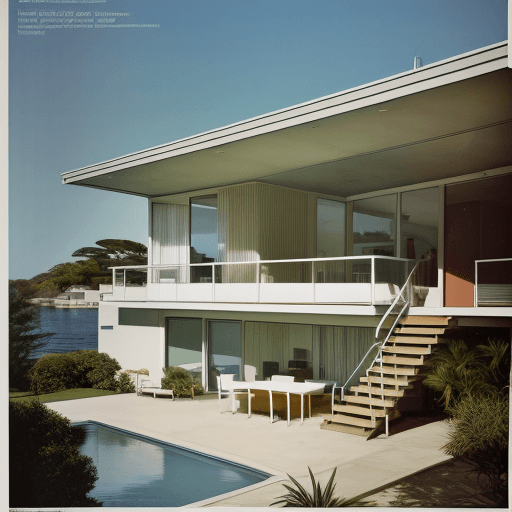 AI generated: Hyper realistic eye level exterior photo of a mid century modern style house overlooking the ocean, ...